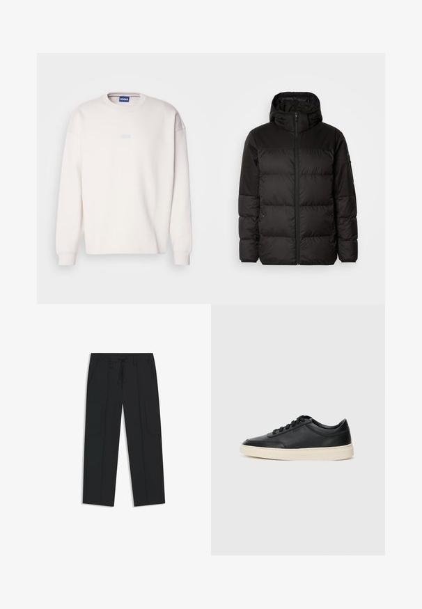 Svart puffjacka med blixtlås, huva, quiltade sektioner och elastiska mudd, tillverkad av ett slätt, vattentåligt material.; Ljus krämfärgad sweatshirt i mjuk bomull med rund halsringning och sänkta axlar. Har en blå "HUGO"-logotyp på framsidan.; Svarta cargo-byxor i nylon. Har resårmidja med dragsko, sidofickor och platt frontdesign.; Svart låg skor i läder med svarta snören och off-white sula, visas i sidoprofil på vit bakgrund.