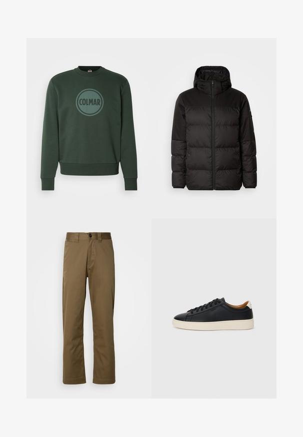La chaqueta acolchada negra tiene un cierre de cremallera, capucha, secciones acolchadas y puños elásticos, hecha de un material suave y resistente al agua.; Colmar Originals MENS - Sudadera - botanical; Pantalones rectos marrones hechos de tela tejida. Cuenta con un cierre de botón, bolsillos laterales y una textura suave. Ajuste entallado.; Zapatillas negras de cuero con una textura suave, suela de goma beige, diseño de cordones y un acento en el talón de color contrastante.