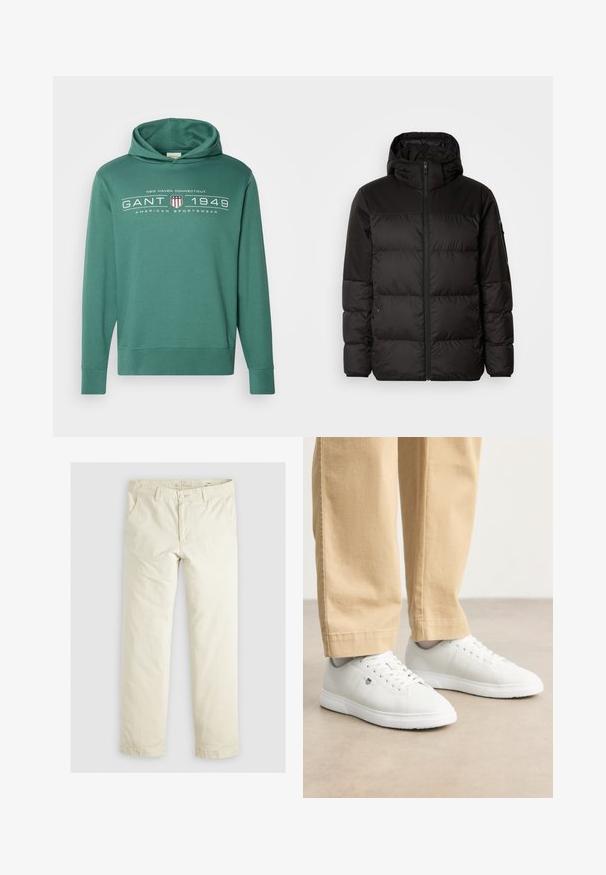 Μαύρο μπουφάν με φερμουάρ, κουκούλα, παραγεμισμένα τμήματα και ελαστικές μανσέτες, κατασκευασμένο από λείο, αδιάβροχο υλικό.; Πράσινη φούτερ ζακέτα με τσέπη καγκουρό, μακριά μανίκια και εκτύπωση λογότυπου που αναγράφει "GANT 1949." Φτιαγμένη από μαλακό, αναπνεύσιμο υλικό.; Ανοιχτό καφέ παντελόνι σε άνετη γραμμή με τρεις τσέπες, θηλάκια ζώνης και ίσια μπατζάκια. Φτιαγμένο από μαλακό ύφασμα από βαμβάκι.; Λευκά δερμάτινα sneakers με ομαλή φινίρισμα, με στρογγυλή μύτη, σχέδιο με κορδόνια και διακριτική λεπτομέρεια με λογότυπο στο πλάι, συνδυασμένα με μπεζ παντελόνι.