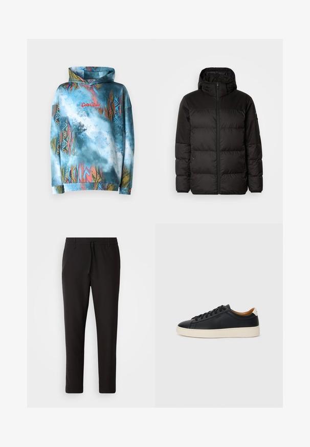 Čierna prešívaná bunda má zips, kapucňu, prešívané sekcie a elastické manžety, vyrobená z hladkého, vodeodolného materiálu.; Mikina s kapucňou s modro a viacfarebným abstraktným vzorom. Hladká tkanina, elastické manžety a lem, s červeným textovým dizajnom.; Čierne jogger nohavice vyrobené z hladkej tkaniny. Majú elastický pás s šnúrkou, zúžené nohavice a žiadne viditeľné vrecká. Jednoduchý dizajn.; Čierne kožené tenisky s hladkou textúrou, béžová gumová podrážka, viazanie a kontrastný akcent na päte.