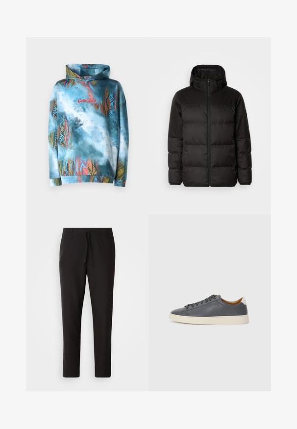 Czarna kurtka puchowa z zapięciem na zamek, kapturem, pikowanymi sekcjami i elastycznymi mankietami, wykonana z gładkiego, wodoodpornego materiału.; Bluza z kapturem w niebieski i wielokolorowy abstrakcyjny wzór. Gładki materiał, elastyczne mankiety i dół, z czerwonym napisem.; Czarne spodnie dresowe wykonane z gładkiego materiału. Posiadają elastyczny pas ze sznurkiem, zwężane nogawki oraz brak widocznych kieszeni. Prosty design.; Szare skórzane trampki z okrągłym noskiem, gumową podeszwą, płaskimi sznurówkami i jasnymi akcentami na pięcie. Gładka tekstura i minimalistyczny design.