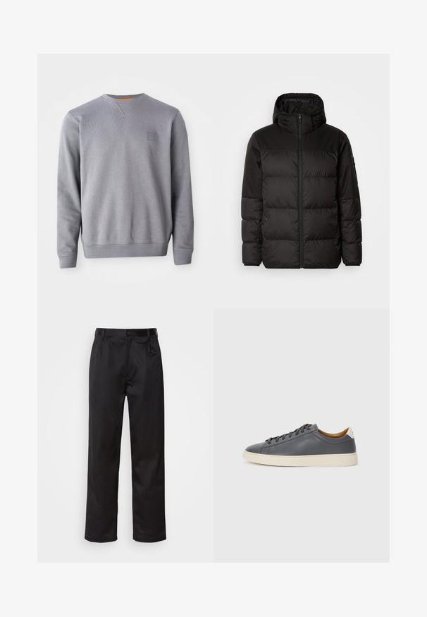 Mustikas puffer-jakk sisaldab tõmblukku, kapuutsi, tikandiga osi ja elastseid mansette, valmistatud siledast veekindlast materjalist.; Hallhallane mehikuga dressipluus, mis on valmistatud pehmest materjalist. Omab ribitud varrukaotsi, hõlma ja väikest logopatch'i rinnal. Ühtlane tekstuur.; Mustadest siledast kangast pükstest, millel on ees nupu sulgemine, voldid ja sirged sääred. Ei mingeid nähtavaid mustreid ega aktsente.; Hallhalli nahast tossud ümmarguse varbaga, kummist tallaga, lamedate paeltega ja heledate aktsentidega kontsadel. Sile tekstuur ja minimalistlik disain.