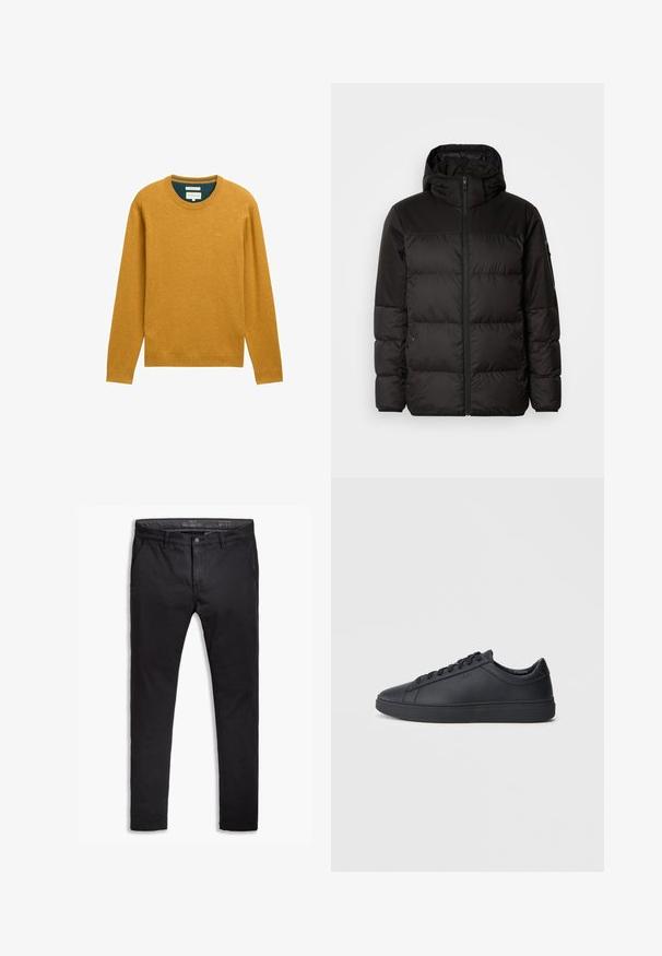 Il giubbotto puffo nero presenta una chiusura con zip, un cappuccio, sezioni trapuntate e polsini elastici, realizzato in un materiale liscio e resistente all'acqua.; Maglione giallo senape con maniche lunghe e scollo rotondo. Realizzato in un tessuto morbido, presenta finiture a costine e un piccolo logo sul petto.; Chinos neri in cotone con vestibilità affusolata, dotati di cinque tasche, passanti per cintura e una superficie liscia. Chiusura con zip e bottone.; Sneakers neri realizzati in pelle liscia, con design a bassa cima, punta rotonda e suola piatta in gomma. Presentano lacci e un branding discreto.