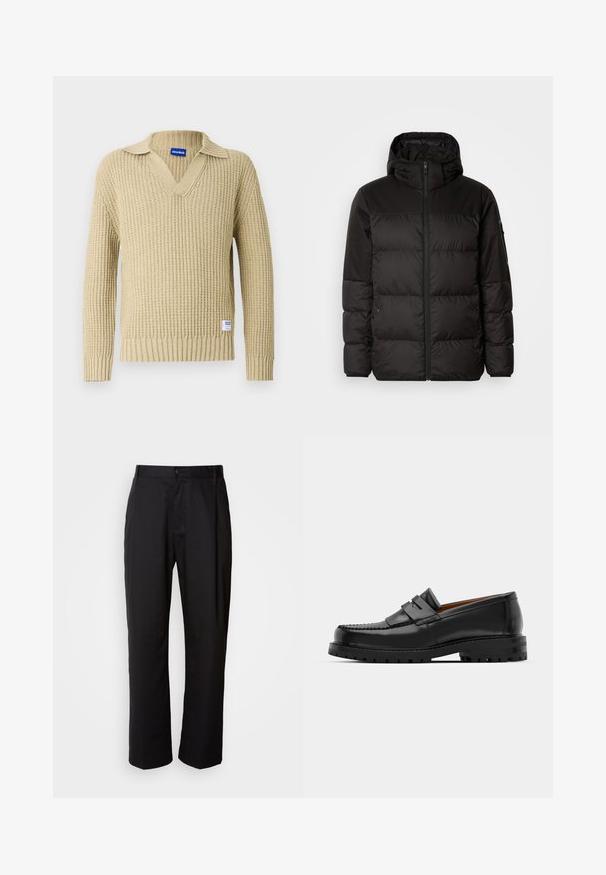 Melna pūkainā jakā iezīmes ir rāvējslēdzēja aizdare, kapuce, kvadrātveida šuves un elastīgas aproces, izgatavota no gludas, ūdensizturīgas vielas.; Bēša adīta džempera ar V veida izgriezumu un ribota faktūra. Ir salocīts apkakle. Uz kreisās puses apakšas neliela zīmola etiketīte.; Melni bikses ar taisnu griezumu, izgatavotas no viegla auduma. Ar priekšējo pogu aizdari un divām sānu kabatām; gluda tekstūra.; Melni ādas loafers cepumi izceļas ar paceltu šuvu, divām dekoratīvām siksnām augšpusē un biezu teksturētu zoli labākai saķerei.