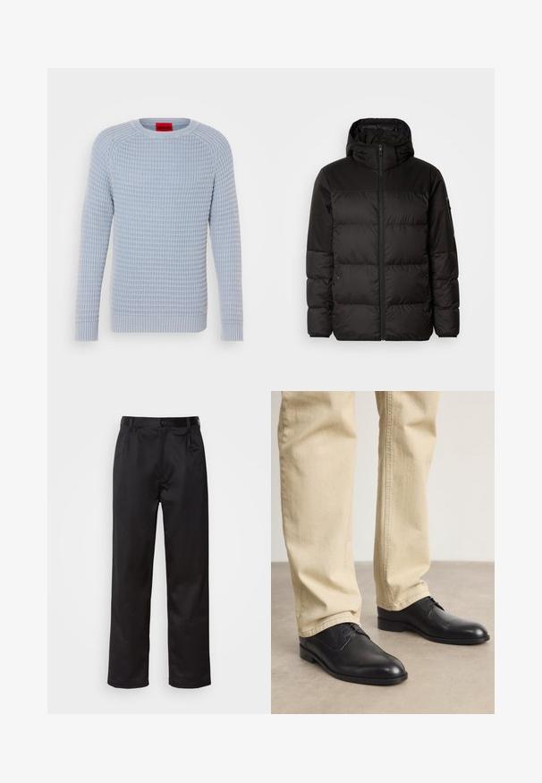 Črna zimska jakna ima zadrgo, kapuco, prešite odseke in elastične manšete, izdelana je iz gladkega, vodoodpornega materiala.; Svetlo modra pulover z teksturirano, rebrasto vzorčasto zasnovo, okroglim ovratnikom in dolgimi rokavi; rebrasti manšeti in spodnji rob zagotavljata udoben oprijem.; Črne hlače iz gladkega materiala, ki imajo sprednjo zaponko, naborke in ravne noge. Brez vidnih vzorcev ali okraskov.; Črne usnjene čevlje z vezalkami in zaobljenim prstom, gladke površine in diskretnimi šivi, oblečene z svetlo bež hlačami.