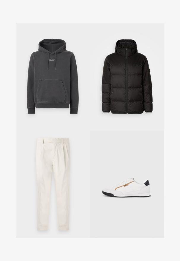 Melna pūkainā jakā iezīmes ir rāvējslēdzēja aizdare, kapuce, kvadrātveida šuves un elastīgas aproces, izgatavota no gludas, ūdensizturīgas vielas.; Pelēks džemperis ar mīkstu audumu, kam ir priekšējā kabata, kapuce ar auklām un balts teksta logo uz krūtīm. Ribināti piedurkņu un apakšējā mala.; Baltas, pleitēts bikses ar piegriezumu, kas pielāgots figūrai, ar gludu tekstūru, jostas cilpām un sašaurinātiem galiem. Nav redzamu kabatu vai rakstu.; Baltijas krāsā baltas sporta kurpes ar acu un ādas akcentiem. Iezīmējas ar zelta "BOSS" logo, teksturētām sānu paneļiem un melnu papēža kapu. Gumijas zole.