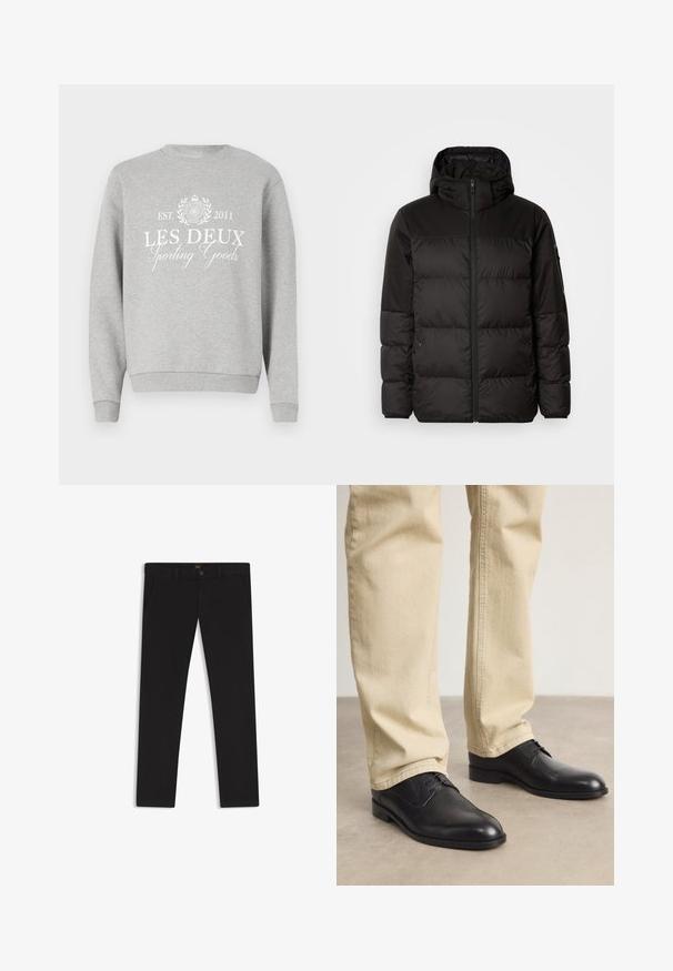 Il giubbotto puffo nero presenta una chiusura con zip, un cappuccio, sezioni trapuntate e polsini elastici, realizzato in un materiale liscio e resistente all'acqua.; Felpa grigia chiara con collo a giro, con testo stampato bianco "LES DEUX Sporting Goods" e un logo. Maniche e orlo a coste.; Pantaloni neri realizzati in tessuto con una superficie liscia. Presentano una chiusura con bottone, passanti per cintura e tasche laterali. Design a gamba dritta standard.; Scarpe stringate in pelle nera con punta arrotondata, finitura liscia e dettagli di cucitura sottili, indossate con pantaloni beige chiaro.