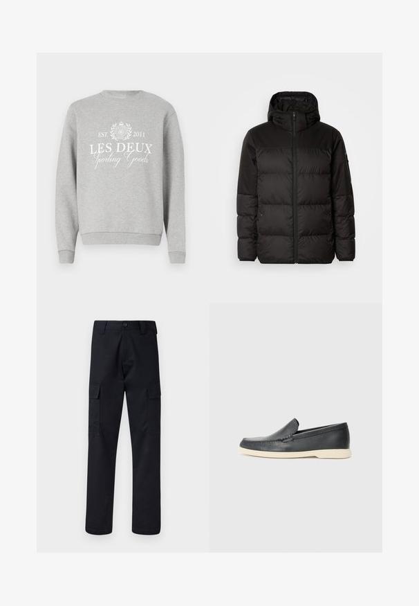 Melna pūkainā jakā iezīmes ir rāvējslēdzēja aizdare, kapuce, kvadrātveida šuves un elastīgas aproces, izgatavota no gludas, ūdensizturīgas vielas.; Gaišs pelēks džemperis ar apaļu kakla izgriezumu, kura priekšpusē ir balta drukāta uzraksts "LES DEUX Sporting Goods" un logo. Ribināti piedurkņu gali un apakša.; Melni kravas bikses, kas izgatavotas no izturīga auduma, ar taisnu kāju griezumu, divām sānu kabatām un pogu aizdari jostas vietā.; Melni ādas kurpes, kas valkājas uz slip-on principa, ar teksturētu apdari un kontrastējošu beigu gumijas zoli. Iespējama smalka apdare priekšpusē.