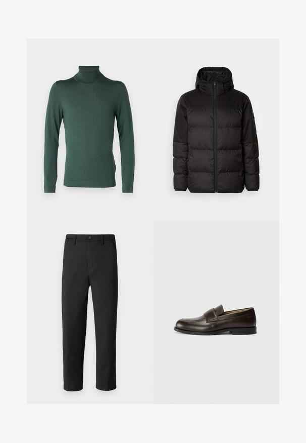 Black puffer jacket features a zip closure, a hood, quilted sections, and elastic cuffs, made from a smooth, water-resistant material.; DRYKORN JOEY - Jumper - green; Black trousers with a straight cut, made from smooth fabric. Features a button closure and belt loops. No visible patterns or accents.; Calvin Klein Slip-ons - cocoa brown