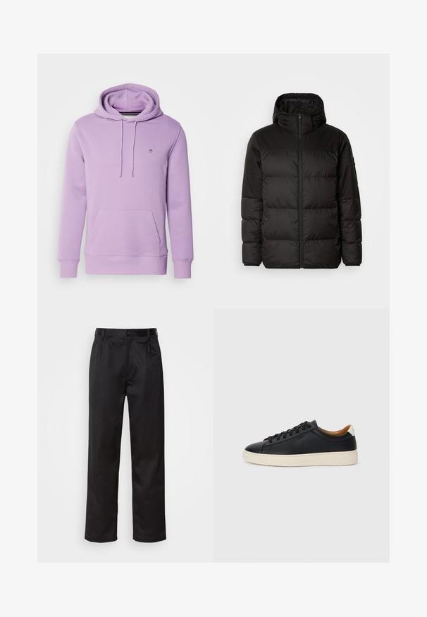 Il giubbotto puffo nero presenta una chiusura con zip, un cappuccio, sezioni trapuntate e polsini elastici, realizzato in un materiale liscio e resistente all'acqua.; GANT SHIELD HOODIE - Felpa - orchid lilac; Pantaloni neri realizzati in tessuto morbido, con chiusura frontale a bottone, pieghe e gambe dritte. Nessun motivo o accento visibile.; Sneakers in pelle nera con una texture liscia, suola in gomma beige, design con lacci e un accento del tacco in contrasto.