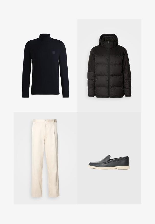 Melna pūkainā jakā iezīmes ir rāvējslēdzēja aizdare, kapuce, kvadrātveida šuves un elastīgas aproces, izgatavota no gludas, ūdensizturīgas vielas.; Tomass zils tērpiņš ar augstu apkakli, izgatavots no mīksta diegu, ar garām piedurknēm un ribotu apkakli. Iekļauts kvadrāta formas logotipa uzlīme uz krūtīm.; Bežā krāsā auduma bikses ar taisnu kāju griezumu, pievienotām pogu aizdares un priekšējiem krokām papildu detaļām.; Melni ādas kurpes, kas valkājas uz slip-on principa, ar teksturētu apdari un kontrastējošu beigu gumijas zoli. Iespējama smalka apdare priekšpusē.