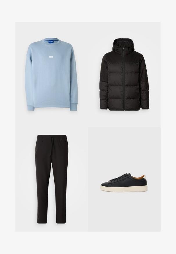 A jaqueta puffer preta apresenta um fecho zip, um capuz, secções acolchoadas e punhos elásticos, confeccionada em um material liso e resistente à água.; Sweatshirt azul claro feito de uma mistura de algodão suave, com decote redondo, ombros caídos e um pequeno logotipo branco no peito.; Calças de jogging pretas feitas de tecido liso. Apresentam uma cintura elástica com cordão, pernas ligeiramente ajustadas e sem bolsos visíveis. Design simples.; Tenis de couro preto com uma textura suave, sola de borracha bege, design de atar e um destaque no calcanhar em contraste.