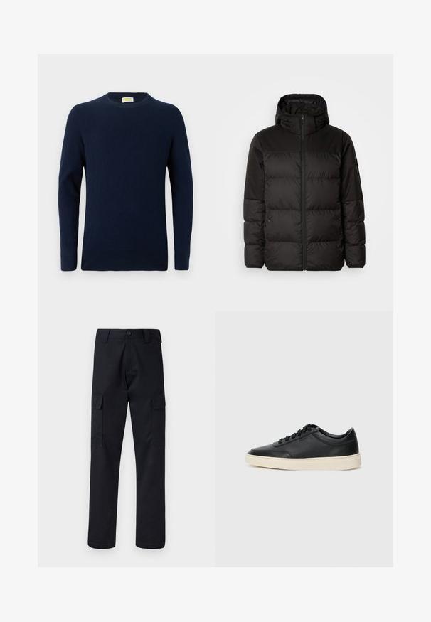 Mustikas puffer-jakk sisaldab tõmblukku, kapuutsi, tikandiga osi ja elastseid mansette, valmistatud siledast veekindlast materjalist.; Tume sinine sviiter, mis on valmistatud pehmest kangast, omab ümarat kaelust ja pikki varrukaid. Lihtne disain peene kudumise tekstuuri ja soonikuga äärega.; Mustad mustad püksid, mis on valmistatud tugevast materjalist, sirge lõikega, kaht küljetaskut ja nööbiga sulgemist vöökoha juures.; Mustad musta nahast madal sneaker mustade nööpidega ja kreemivalge tallaga, nähtud külgprofiilis valge tausta ees.