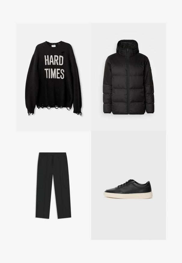 Svart puffjacka med blixtlås, huva, quiltade sektioner och elastiska mudd, tillverkad av ett slätt, vattentåligt material.; Svart tröja med "HARD TIMES" i vit text, sliten design med hål och fransade kanter, ribbade ärmslut och krage.; Svarta cargo-byxor i nylon. Har resårmidja med dragsko, sidofickor och platt frontdesign.; Svart låg skor i läder med svarta snören och off-white sula, visas i sidoprofil på vit bakgrund.