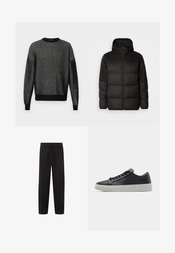 Il giubbotto puffo nero presenta una chiusura con zip, un cappuccio, sezioni trapuntate e polsini elastici, realizzato in un materiale liscio e resistente all'acqua.; Maglione nero a maglia con una vestibilità ampia, caratterizzato da un motivo testurizzato, colletto a costine, polsini e orlo. Maniche lunghe senza cuciture visibili.; Pantaloni della tuta neri con vita elastica e cordoncino, caratterizzati da un design a gamba dritta e tasche laterali, realizzati in tessuto morbido.; Sneaker in pelle nera con una texture liscia, punta rotonda e lacci neri. Presenta una suola in gomma bianca spessa con sottili accenti geometrici.