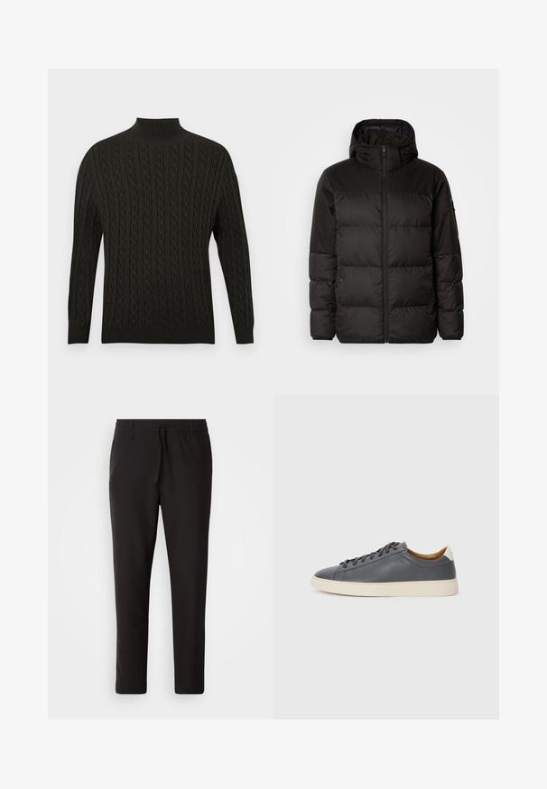 Černá péřová bunda má zipový uzávěr, kapuci, prošívané části a elastické manžety, vyrobená z hladkého, voděodolného materiálu.; Černý pletený svetr s vysokým stojačkem, texturovaným kabelovým vzorem, dlouhými rukávy a žebrovanými manžetami a lemem.; Černé teplákové kalhoty vyrobené z hladké látky. Mají elastický pas se šňůrkou, zúžené nohavice a žádné viditelné kapsy. Jednoduchý design.; Šedé kožené tenisky s kulatou špičkou, gumovou podrážkou, plochými tkaničkami a světlými akcenty na patě. Hladký povrch a minimalistický design.