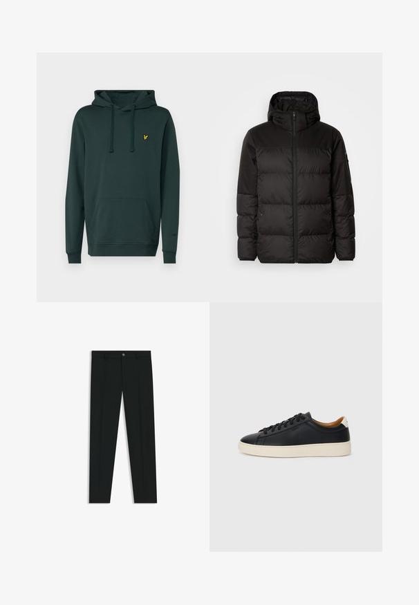 La chaqueta acolchada negra tiene un cierre de cremallera, capucha, secciones acolchadas y puños elásticos, hecha de un material suave y resistente al agua.; Sudadera verde oscuro hecha de tela suave, con un bolsillo tipo canguro y cordones ajustables, que presenta un pequeño logo amarillo en el pecho.; Pantalones de vestir negros con un diseño de pierna recta, hechos de una tela suave. Cuentan con un cierre frontal de botón y lazos para cinturón. Liso, sin patrones.; Zapatillas negras de cuero con una textura suave, suela de goma beige, diseño de cordones y un acento en el talón de color contrastante.