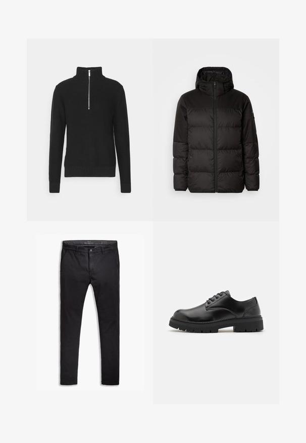 A jaqueta puffer preta apresenta um fecho zip, um capuz, secções acolchoadas e punhos elásticos, confeccionada em um material liso e resistente à água.; Pullover de malha preto com gola alta, fecho de zip, punhos e barra canelados, apresentando uma textura suave e uma silhueta ajustada.; Chinos pretos de algodão com um corte afunilado, apresentando cinco bolsos, passantes para cinto e uma textura suave. Fecho com zíper e botão.; Sapatos de couro pretos com bico arredondado, design de atacador e sola de borracha espessa e texturizada. Apresenta costuras ao longo da borda e um acabamento liso.