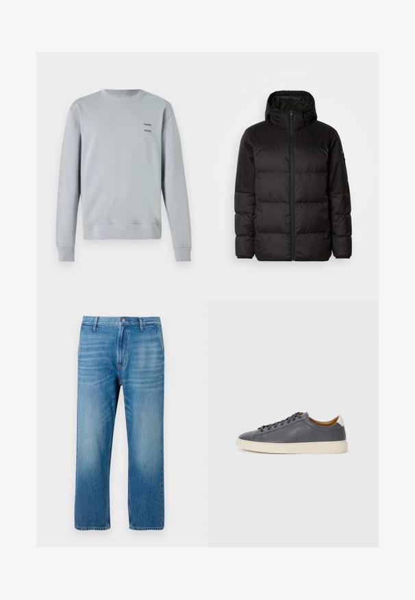 Svart puffjacka med blixtlås, huva, quiltade sektioner och elastiska mudd, tillverkad av ett slätt, vattentåligt material.; Ljusgrå sweatshirt i mjukt material, med rund halsringning, ribbade mudd och nederkant, samt två svarta "SAMSØE"-logotyper på bröstet.; Ljust blå denimjeans med rak passform, femficksdesign, knappstängning och subtil blekning på framsidan. Inga synliga mönster.; Grå lädersneaker med rund tå, gummisula, plana snörningar och ljusa accenter på hälen. Slät textur och minimalistisk design.