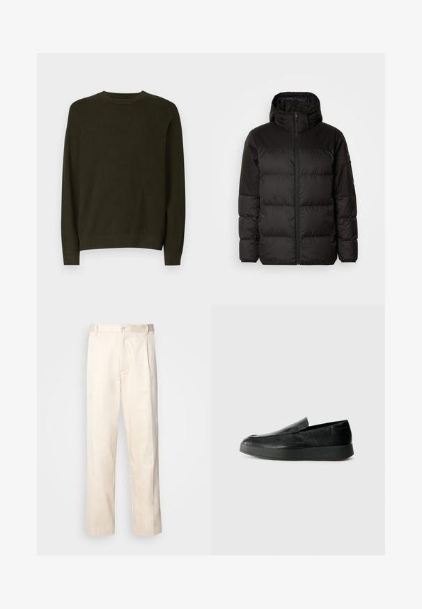 Juodas pūkinis švarkas turi užtrauktuką, gobtuvą, siūlinčius skyrius ir elastinius rankogalius, pagamintas iš lygaus, vandeniui atsparaus medžiagos.; Tamsiai žalia megzta svorai, apvaliu iškirpimu, ilgomis rankovėmis, su raukšlėta tekstūra ir prigludusia apatine dalimi. Paprastas dizainas, be matomų raštų ar akcentų.; Bežinės medvilninės kelnės su tiesiu kirpimu, turinčios mygtuko uždarymą ir priekyje raukšles papildomai dekoratyviam akcentui.; Calvin Klein HYBRID CUP - Įmautiniai batai - triple black