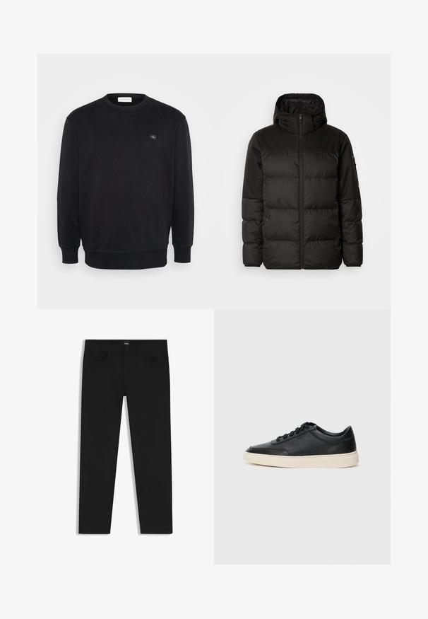 Svart puffjacka med blixtlås, huva, quiltade sektioner och elastiska mudd, tillverkad av ett slätt, vattentåligt material.; Svart sweatshirt med rund halsringning, långa ärmar, ribbade manschetter och nederkant samt en liten logotyp i tyg på bröstet. Mjuk textur.; Svarta denimbyxor med rak passform, med en standard midja, fem fickor och knäppning med knapp. Slät yta genomgående.; Svart låg skor i läder med svarta snören och off-white sula, visas i sidoprofil på vit bakgrund.