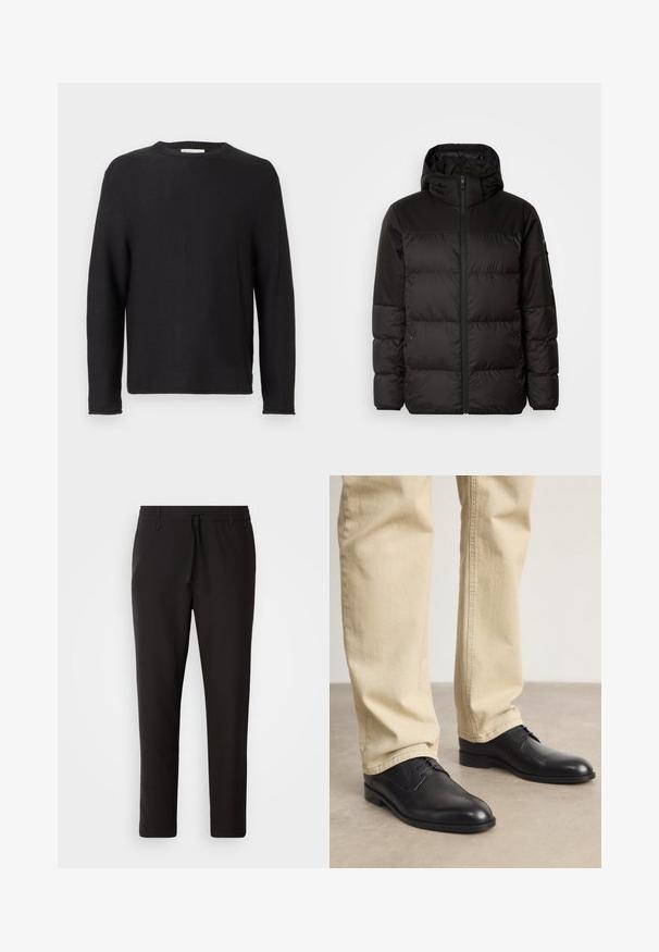 Black puffer jacket features a zip closure, a hood, quilted sections, and elastic cuffs, made from a smooth, water-resistant material.; Black knitted sweater with a crew neckline and long sleeves. Features ribbed texture and stitched hems, with a label at the neckline.; Black jogger pants made of smooth fabric. Feature an elastic waistband with a drawstring, tapered legs, and no visible pockets. Simple design.; Black leather lace-up shoes with a rounded toe, smooth finish, and subtle stitching details, worn with light beige pants.