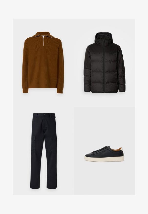 Czarna kurtka puchowa z zapięciem na zamek, kapturem, pikowanymi sekcjami i elastycznymi mankietami, wykonana z gładkiego, wodoodpornego materiału.; Brązowy sweter prążkowany z wysokim kołnierzem oraz półzamkiem, teksturowanym splotem i długimi rękawami z prążkowanymi mankietami.; Czarne spodnie cargo wykonane z mocnego materiału, z prostym krojem nogawki, dwiema bocznymi kieszeniami i zapięciem na guzik w pasie.; Czarne skórzane trampki o gładkiej fakturze, jasnobrązowa gumowa podeszwa, sznurowana konstrukcja i kontrastujący akcent na pięcie.