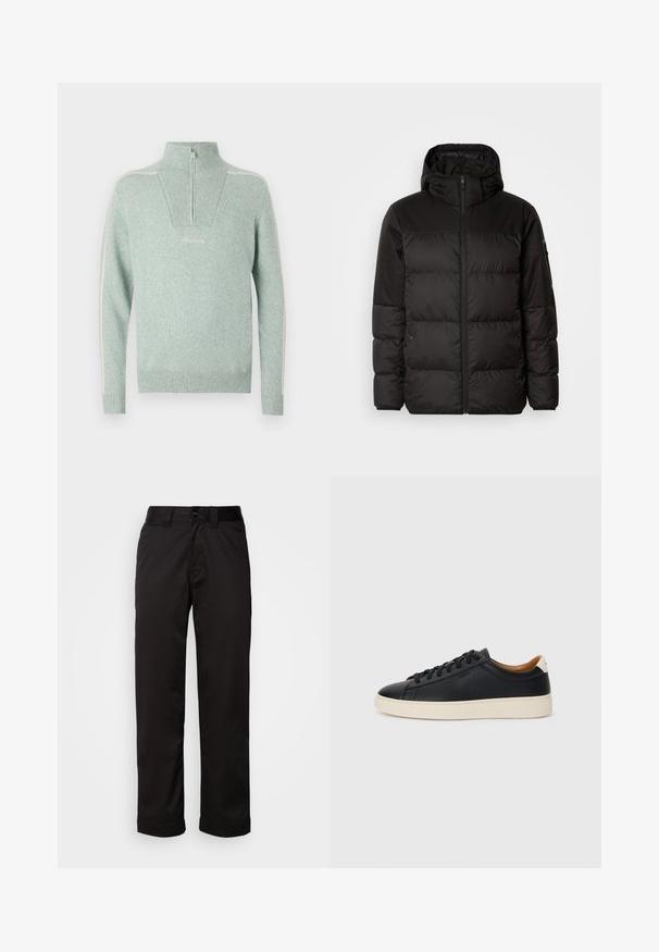 A fekete steppelt dzseki cipzáros záródással, kapucnival, steppelt részekkel és rugalmas mandzsettákkal rendelkezik, sima, vízálló anyagból készült.; Világoszöld kötött pulóver magas gallérral, félcipzárral, bordázott felülettel és fehér oldalsó csíkkal. Elöl logó hímzés található.; Fekete nadrág sima anyagból, cipzáros és gombos záródással, valamint feltekert szegésekkel a laza dizájn érdekében.; Fekete bőr sportcipők sima felülettel, bézs gumitalppal, fűzős dizájnnal és kontrasztos sarkú akcentussal.