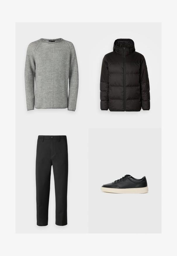 Il giubbotto puffo nero presenta una chiusura con zip, un cappuccio, sezioni trapuntate e polsini elastici, realizzato in un materiale liscio e resistente all'acqua.; Maglione grigio a coste con maniche lunghe, scollo rotondo e tessuto testurizzato. Presenta una finitura pulita lungo i bordi e una vestibilità comoda.; Pantaloni neri a gamba dritta, realizzati in tessuto liscio. Presentano una chiusura con bottone e passanti per cintura. Nessun motivo o dettaglio visibile.; Sneaker in pelle nera a basso profilo con lacci neri e suola avorio, mostrato di profilo su sfondo bianco.