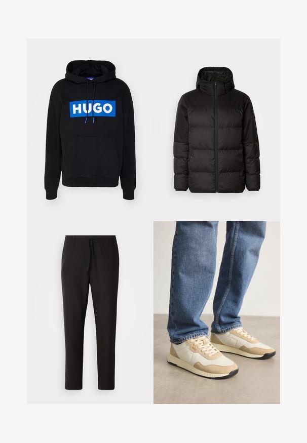 Czarna kurtka puchowa z zapięciem na zamek, kapturem, pikowanymi sekcjami i elastycznymi mankietami, wykonana z gładkiego, wodoodpornego materiału.; Czarna bluza z kapturem z niebieskim prostokątnym logo z białym napisem "HUGO", regulowane sznurki, oraz kieszeń z przodu. Miękka tkanina, luźny krój.; Czarne spodnie dresowe wykonane z gładkiego materiału. Posiadają elastyczny pas ze sznurkiem, zwężane nogawki oraz brak widocznych kieszeni. Prosty design.; Beżowe i kremowe sneakersy wykonane z zamszu i siateczkowych materiałów, z teksturowaną podeszwą i tonowymi akcentami, zestawione z niebieskimi dżinsami.