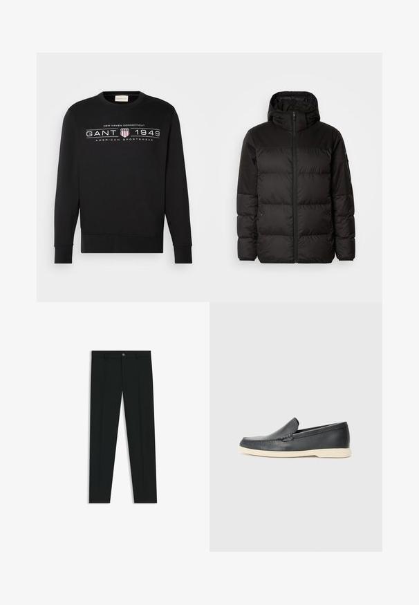 Musta puhvijakku sisältää vetoketjun, hupun, tilkuista koostuvia osioita ja joustavat hihansuut. Se on valmistettu sileästä, vedenpitävästä materiaalista.; Musta collegepaita, joka on valmistettu puuvillasta. Siinä on pyöreä pääntie, pitkät hihnat ja etupuolella graafinen printti, jossa lukee "GANT 1949" sekä suojeluskunnateema.; Musta housut, joissa on suora lahje, valmistettu sileästä kankaasta. Edessä nappisulku ja vyölenkit. Yksinkertainen ilman kuvioita.; Mustat nahkakengät ilman nauhoja, joissa on teksturoitu pinta ja kontrastoiva beige kumipohja. Kengissä on hillitty yksityiskohta etuosassa.