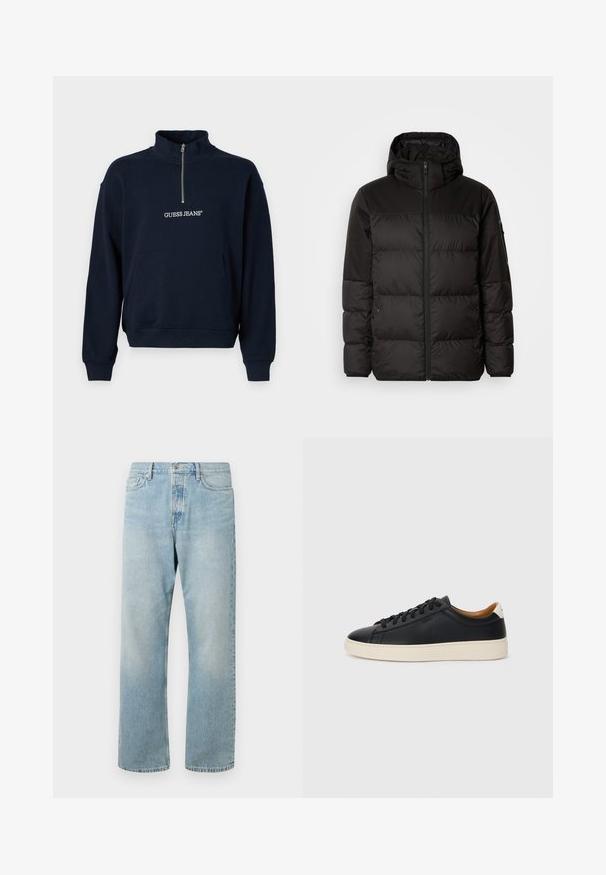 Sort pufferjakke med lynlås, hætte, quiltede sektioner og elastiske manchetter, lavet af et glat, vandafvisende materiale.; Marineblå fleece-pullover med halv lynlås og høj krave, der har en front kangaroo-lomme og "GUESS JEANS"-logo i hvid broderi.; Lyseblå denim jeans med afslappet pasform, lige ben og klassisk fem-lomme design. Har lynlås og knaplukning.; Sorte lædersneakers med en glat overflade, beige gummisål, snørebåndsdesign og en kontrastfarvet hæl.