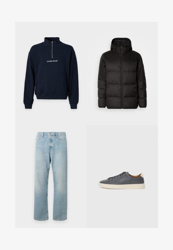 Sort pufferjakke med lynlås, hætte, quiltede sektioner og elastiske manchetter, lavet af et glat, vandafvisende materiale.; Marineblå fleece-pullover med halv lynlås og høj krave, der har en front kangaroo-lomme og "GUESS JEANS"-logo i hvid broderi.; Lyseblå denim jeans med afslappet pasform, lige ben og klassisk fem-lomme design. Har lynlås og knaplukning.; Grå lædersneaker med rund tå, gummisål, flade snørebånd og lyse detaljer på hælen. Glat tekstur og minimalistisk design.