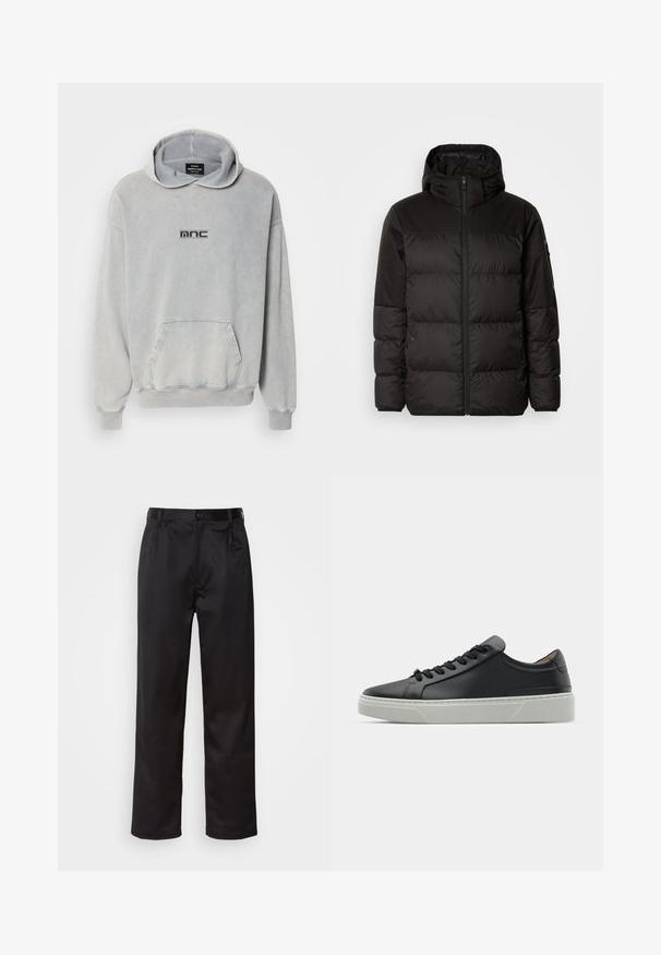 Crna puf jakna ima zatvaranje na zip, kapuljaču, kviltane dijelove i elastične manžete, izrađena je od glatkog, vodootpornog materijala.; Svijetlosiva dukserica s kapuljačom, prednjim džepom, rebrastim manžetama i rubom; na prsima se nalazi crni otisnuti logo "mnc". Materijal je pamuk.; Crne hlače od glatkog materijala, s prednjim zatvaranjem na dugme, pregibima i ravnim nogavicama. Nema vidljivih uzoraka ili akcenta.; Crne kožne tenisice s glatkom teksturom, okruglim vrhom i crnim čipkastim vezicama. Imaju debeo bijeli gumeni potplat s suptilnim geometrijskim naglascima.