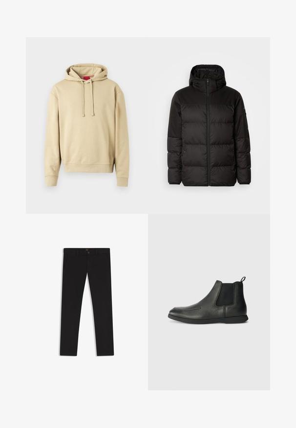 Black puffer jacket features a zip closure, a hood, quilted sections, and elastic cuffs, made from a smooth, water-resistant material.; Beige hooded sweatshirt with drawstrings and ribbed cuffs, featuring a small logo on the chest and red label inside the collar.; Black trousers made of fabric with a smooth texture. Features a button closure, belt loops, and side pockets. Standard straight-leg design.; Black leather ankle boots with a smooth texture, elastic side panels, and a pull tab at the back. Rounded toe and rubber sole.