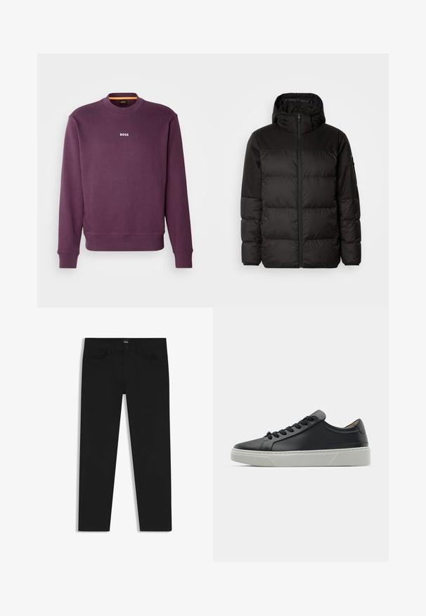 Black puffer jacket features a zip closure, a hood, quilted sections, and elastic cuffs, made from a smooth, water-resistant material.; Purple sweatshirt made of cotton, featuring a crew neck, ribbed cuffs, and a minimal white "BOSS" logo on the front. Smooth texture.; Black denim trousers with a straight cut, featuring a standard waistband, five pockets, and a button closure. Smooth texture throughout.; Black leather sneaker with a smooth texture, round toe, and black laces. Features a thick, white rubber sole with subtle geometric accents.