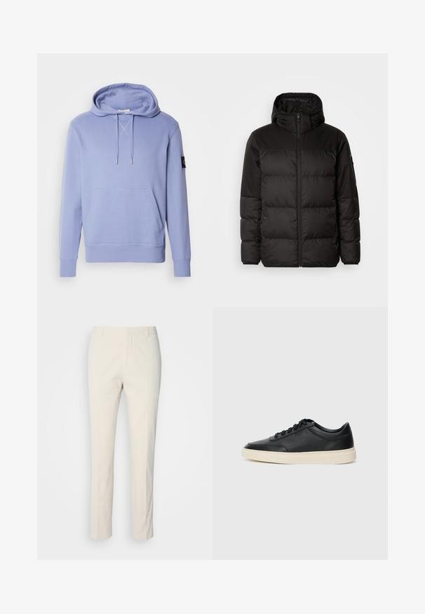 Černá péřová bunda má zipový uzávěr, kapuci, prošívané části a elastické manžety, vyrobená z hladkého, voděodolného materiálu.; Světle modrá mikina s kapucí vyrobená z měkké látky, obsahující přední kapsu, stahovací kapuci a žebrované manžety a spodní lem. Jemný křížový steh detail.; Krémové kalhoty na míru s texturovanou látkou. Mají rovný střih, poutka na opasek a dvě přední kapsy. Bez vzorů.; Černé kožené nízké tenisky s černými tkaničkami a slonovinovou podešví, zobrazené v bočním profilu na bílém pozadí.