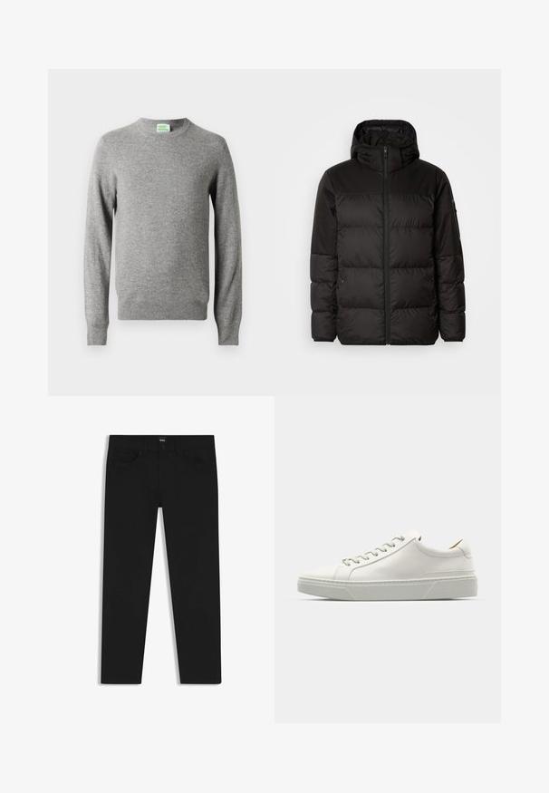 La doudoune noire est dotée d'une fermeture éclair, d'une capuche, de sections matelassées et de poignets élastiques, fabriquée à partir d'un matériau lisse et résistant à l'eau.; Pull long col rond gris clair avec des poignets et un ourlet côtelés, avec une petite étiquette "From Future" à l'intérieur du col.; Pantalons en denim noir à coupe droite, avec une taille standard, cinq poches et une fermeture à bouton. Texture lisse sur toute la surface.; Baskets en cuir blanc avec un bout arrondi, design minimaliste, lacets gris et semelle en caoutchouc gris texturé. Détails de couture subtils visibles.
