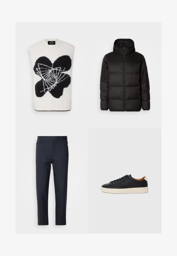 Geacă puffer neagră cu închidere cu fermoar, glugă, secțiuni quilted și manșete elastice, realizată dintr-un material neted, rezistent la apă.; Pulover fără mâneci de culoare crem, cu un design abstract de flori negre. Realizat dintr-un material moale, cu guler rotund și margine ondulată.; Pantaloni ajustați bleu marina dintr-un material neted, cu un buzunar cu fermoar, picioare drepte și o închidere cu nasture la talie.; Căști din piele neagră cu o textură netedă, talpă din cauciuc bej, design cu șireturi și un accent contrastant la călcâi.
