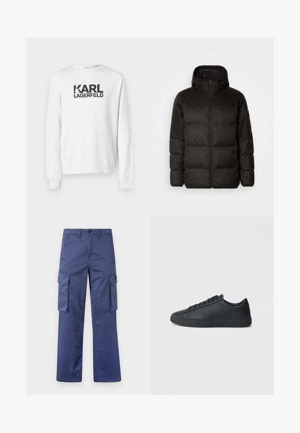 Čierna prešívaná bunda má zips, kapucňu, prešívané sekcie a elastické manžety, vyrobená z hladkého, vodeodolného materiálu.; Biela mikina s veľkým čiernym logom "KARL LAGERFELD" na prednej strane. Klasický okrúhly výstrih, rebrované manžety a lem. Bavlnený materiál.; Námornícke cargo nohavice vyrobené z odolného materiálu, s bočnými vreckami, rovnými nohavicami a zapínaním na gombík v oblasti pásu.; Čierne tenisky vyrobené z hladkej kože s nízkym dizajnom, okrúhlym špičkou a plochou gumovou podrážkou. Obsahujú šnúrky a jemné označenie značky.