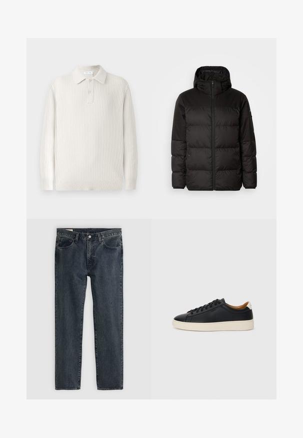 Schwarze Pufferjacke mit Reißverschluss, Kapuze, gesteppten Abschnitten und elastischen Bündchen, hergestellt aus einem glatten, wasserabweisenden Material.; Helle beige Strick-Polo-Pullover mit gerippter Textur, einem Kragen und zwei Knöpfen. Verfügt über lange Ärmel und einen taillierten Saum.; Dunkelblaue Jeans aus Denim mit geradem Bein, fünf Taschen und einem Knopfverschluss. Der Stoff weist eine subtile Ausbleichung und Textur auf.; Schwarze Ledersneaker mit glatter Textur, beiger Gummisohle, Schnürdesign und einem kontrastierenden Fersenakzent.