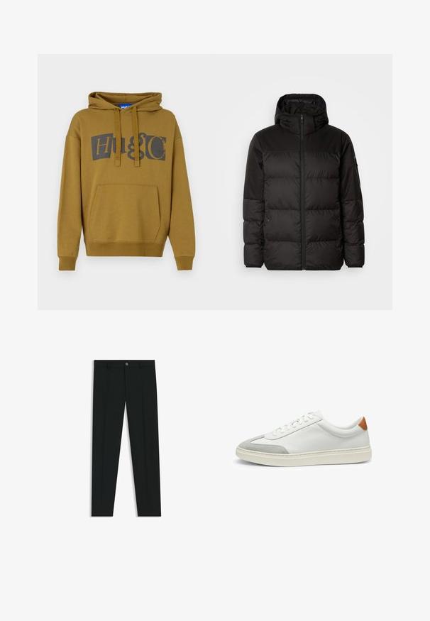 Black puffer jacket features a zip closure, a hood, quilted sections, and elastic cuffs, made from a smooth, water-resistant material.; Olive green hooded sweatshirt with a large "HUGO" logo in dark gray. Features a front kangaroo pocket and ribbed cuffs and hem.; Black dress pants with a straight-leg design, made of smooth fabric. Features a front button closure and belt loops. Plain without patterns.; White leather sneakers with gray suede accents and a tan leather heel tab. Features a textured surface and lightweight sole.