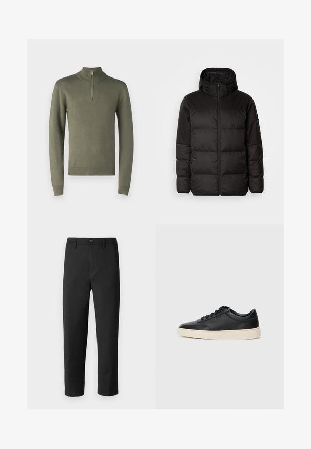 La doudoune noire est dotée d'une fermeture éclair, d'une capuche, de sections matelassées et de poignets élastiques, fabriquée à partir d'un matériau lisse et résistant à l'eau.; Pull en olive avec un col montant et une demi-fermeture éclair. Présente des manches longues ainsi que des poignets et un ourlet côtelés, fabriqué en matière tricotée douce.; Pantalons noirs avec une coupe droite, fabriqués dans un tissu lisse. Dotés d'une fermeture à bouton et de passants de ceinture. Aucune motif ou accent visible.; Baskets en cuir noires à tiges basses avec lacets noirs et semelle ivoire, présentées en profil latéral sur fond blanc.