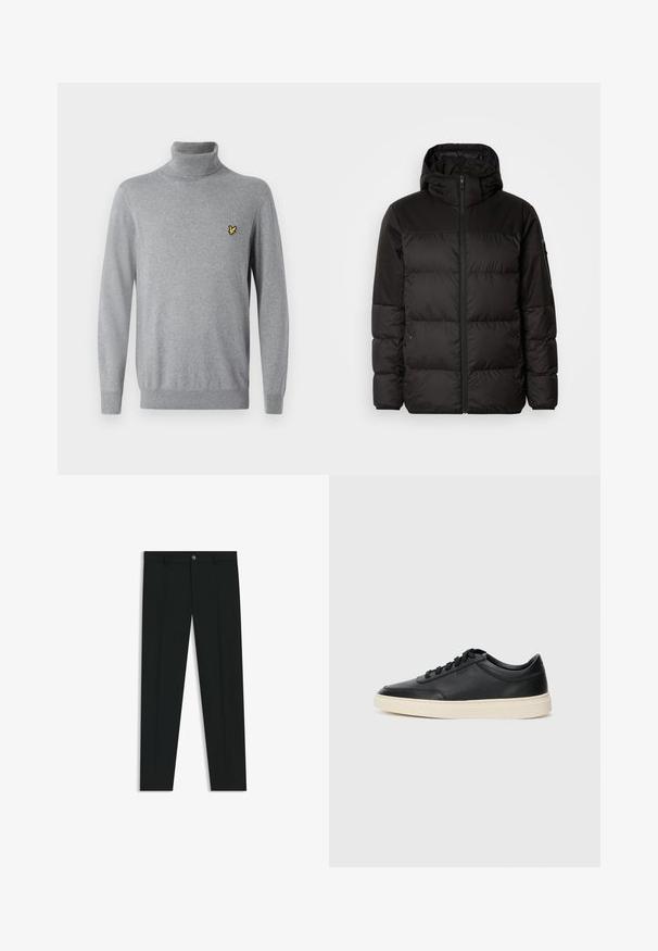 Zwarte pufferjas met ritsluiting, een capuchon, gequiltte secties en elastische manchetten, gemaakt van een glad, waterafstotend materiaal.; Grijze coltrui gemaakt van zachte stof, met een slim fit en een klein geborduurd geel logo op de borst.; Zwarte dresspants met een recht pasvorm, gemaakt van een gladde stof. Heeft een sluiting met een knoop aan de voorkant en ceintuurlussen. Effen zonder patronen.; Zwarte leren sneaker met lage schacht, zwarte veters en off-white zool, weergegeven in zijprofiel op een witte achtergrond.