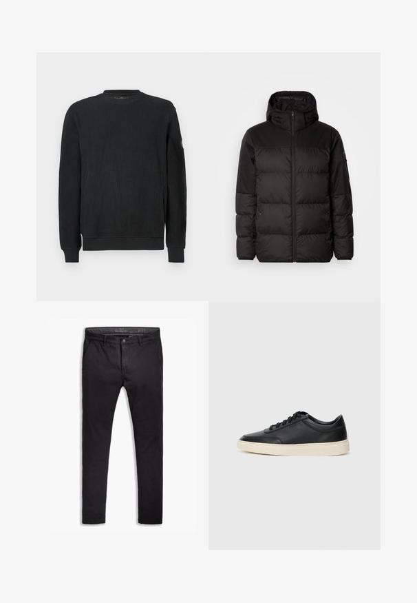 La chaqueta acolchada negra tiene un cierre de cremallera, capucha, secciones acolchadas y puños elásticos, hecha de un material suave y resistente al agua.; Suéter negro de punto de manga larga con textura de relieve, cuello redondo y puños ajustados, fotografiado sobre un fondo blanco.; Chinos de algodón negro con un ajuste entallado, que cuentan con cinco bolsillos, pasadores para cinturón y una textura suave. Cierre de cremallera con botón.; Zapatilla negra de piel de caña baja con cordones negros y suela color crema, mostrada en perfil lateral sobre fondo blanco.