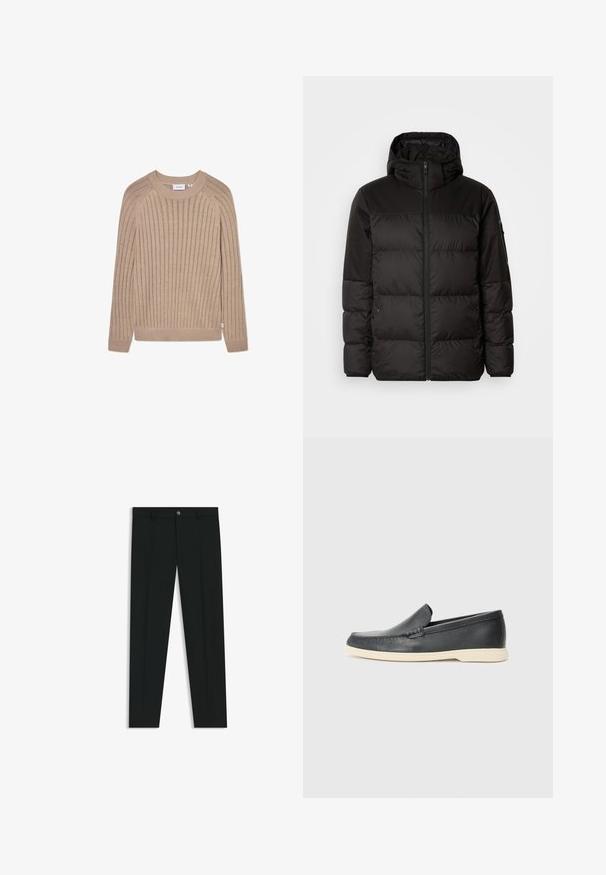 Black puffer jacket features a zip closure, a hood, quilted sections, and elastic cuffs, made from a smooth, water-resistant material.; Beige ribbed knit sweater with long sleeves, round neck, and subtle side logo tag. Features a textured pattern and fitted cuffs.; Black dress pants with a straight-leg design, made of smooth fabric. Features a front button closure and belt loops. Plain without patterns.; Black leather slip-on loafers with a textured finish and a contrasting beige rubber sole. Features a subtle accent along the front.