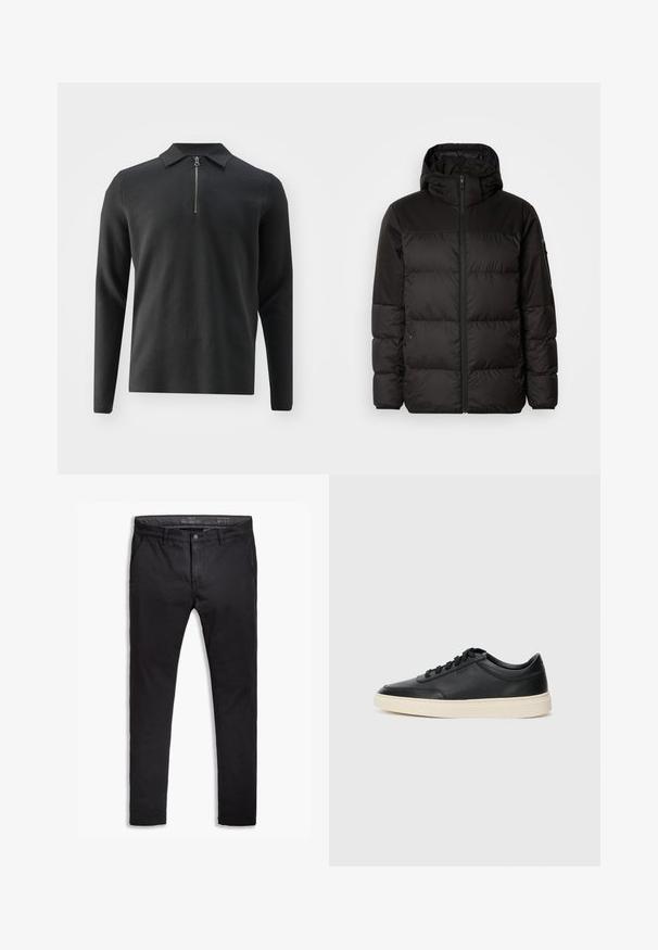 Juodas pūkinis švarkas turi užtrauktuką, gobtuvą, siūlinčius skyrius ir elastinius rankogalius, pagamintas iš lygaus, vandeniui atsparaus medžiagos.; Samsøe Samsøe GUNA HALF ZIP - Džemperis - volcanic ash; Juodos medvilnės chinos kelnės su siaurėjančiu siluetu, turinčios penkis kišenes, diržo kilpos ir lygų paviršių. Su užtrauktuku ir mygtuko uždarymu.; Juoda žema viršutinė odinė sportbačiai su juodais raišteliais ir kreminiu padu, pateikti šoniniame profilyje ant baltos fono.