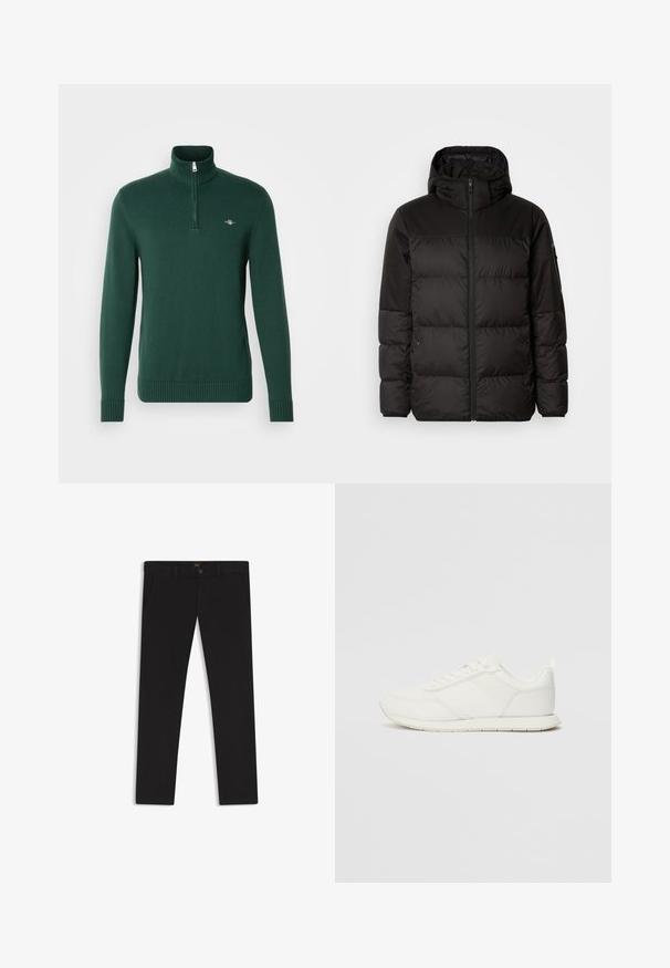 Zwarte pufferjas met ritsluiting, een capuchon, gequiltte secties en elastische manchetten, gemaakt van een glad, waterafstotend materiaal.; GANT CASUAL HALF ZIP - Trui - tartan green; Zwarte broek van stof met een gladde textuur. Bevat een knoopsluiting, riemlussen en zijzakken. Standaard straight-leg ontwerp.; Witte sneaker met een bovenwerk van mesh en synthetisch materiaal, ronde neus, platte veters en een getextureerde zijstrip. Rubberen zool met een lusje aan de achterkant.