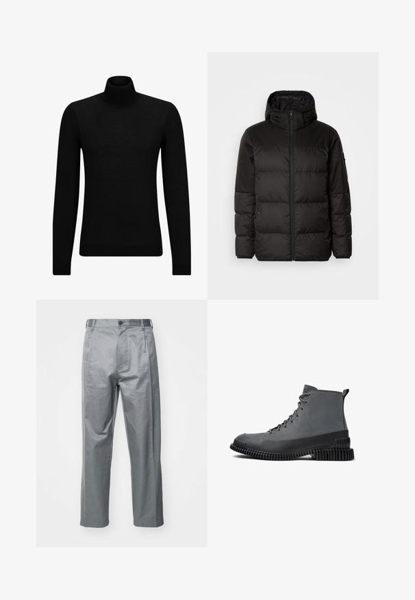 Melna pūkainā jakā iezīmes ir rāvējslēdzēja aizdare, kapuce, kvadrātveida šuves un elastīgas aproces, izgatavota no gludas, ūdensizturīgas vielas.; Melnā augstā kakla džemperis, kas izgatavots no mīksta materiāla, ar garām piedurknēm un pieguļušu piegriezumu. Ribota apdare ap apakšu un piedurknēm. Vienkāršs dizains.; Pelēki kokvilnas maisījuma bikses ar taisnu kāju dizainu, ar priekša pogu aizdarījumu, siksnu cilpām un sānu kabatām.; Pelēki potīšu zābaki ar gludu ādas virsotni, apaļu purngalu, biezām gumijas zolei un strukturētu ribotu dizainu saķerei.