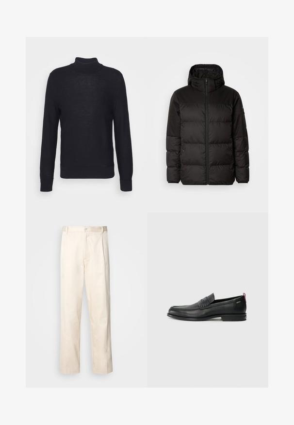 Czarna kurtka puchowa z zapięciem na zamek, kapturem, pikowanymi sekcjami i elastycznymi mankietami, wykonana z gładkiego, wodoodpornego materiału.; Czarny sweter z golfem, wykonany z lekkiego materiału, z długimi rękawami oraz prążkowanymi mankietami i dołem. Subtelne tonalne logo na klatce piersiowej.; Beżowe bawełniane spodnie o prostym kroju nogawki, z zapięciem na guziki i plisami z przodu dla dodatkowego zdobienia.; Czarne skórzane mokasyny z teksturowanym frontem i gładkimi bokami. Posiadają smukłą podeszwę i tylną pętelkę dla łatwego zakładania. Klasyczny design.